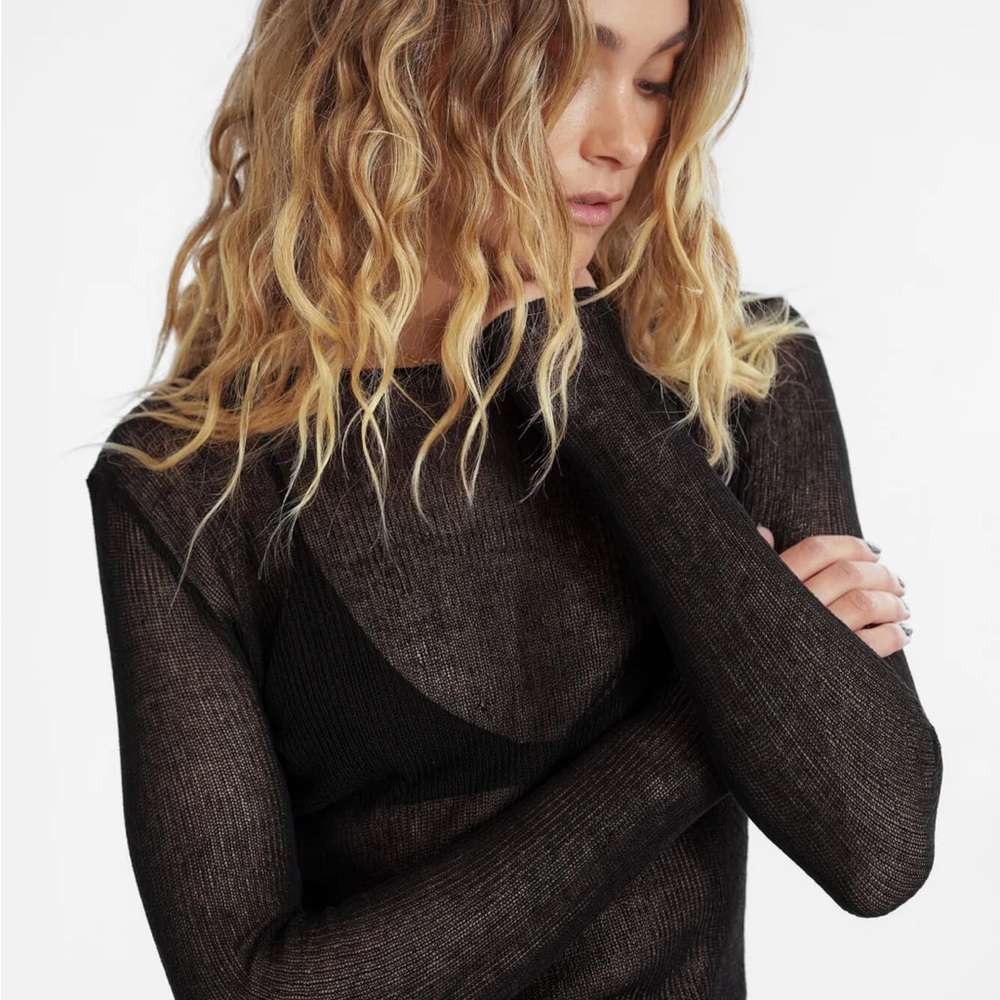 All Things Golden the Knitted Long Sleeve Black -Sheer Crew Neck Sweater - Women